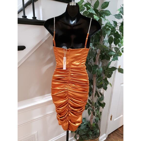 Rosedress Women's Gold Ruched Back Zip Spaghetti Rhinestone Knee Length Dress S - Picture 8 of 14